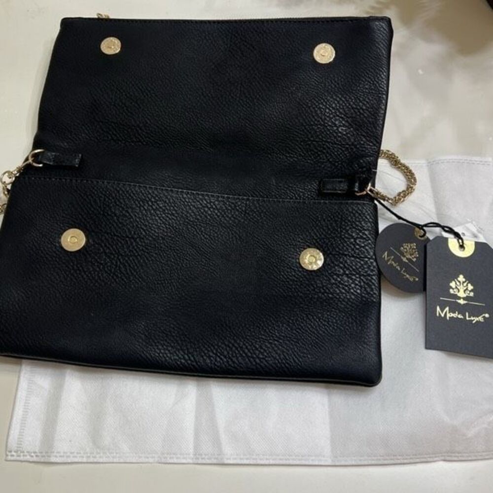 Moda Luxe Women's Leather Gold Chain Link Strap Clutch Crossbody Bag Black NWT - Picture 4 of 9